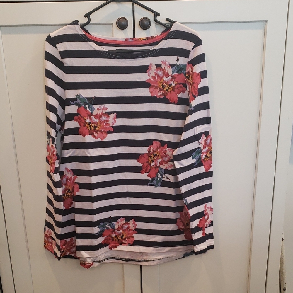 Joules Navy Striped Top with Pink Floral Accents